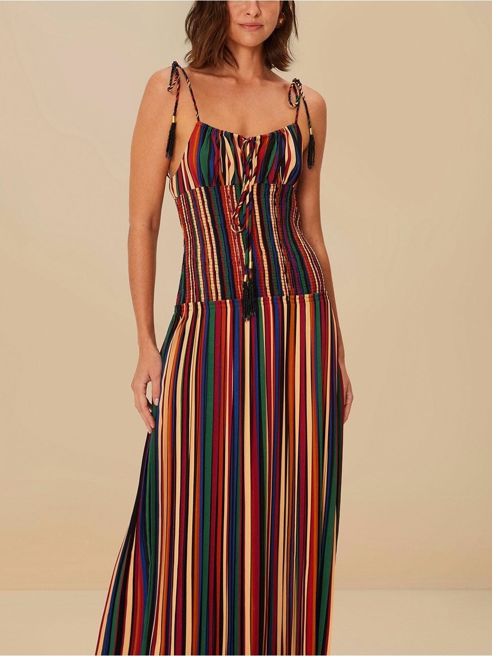 Farm Rio Rainbow Stripe Midi Dress M Boho Lace Up Tassel Resort Vacation - Picture 4 of 4